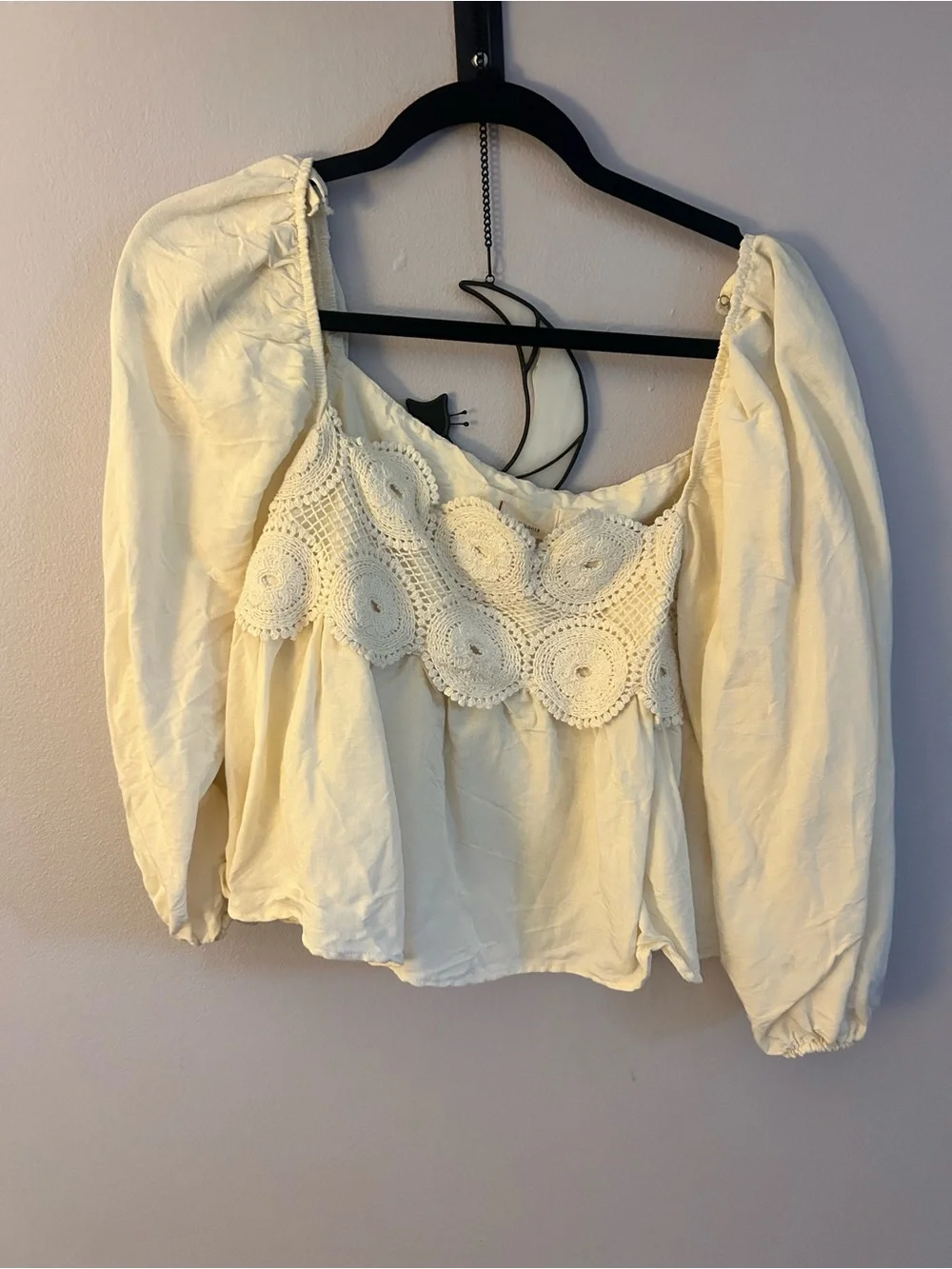 Anthropologie Cream Crochet-Front Peasant Top